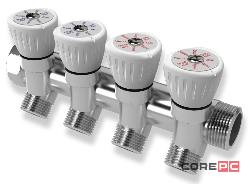 Коллектор с регулировочными вентилями 3/4quot;×1/2quot;, 4 выхода