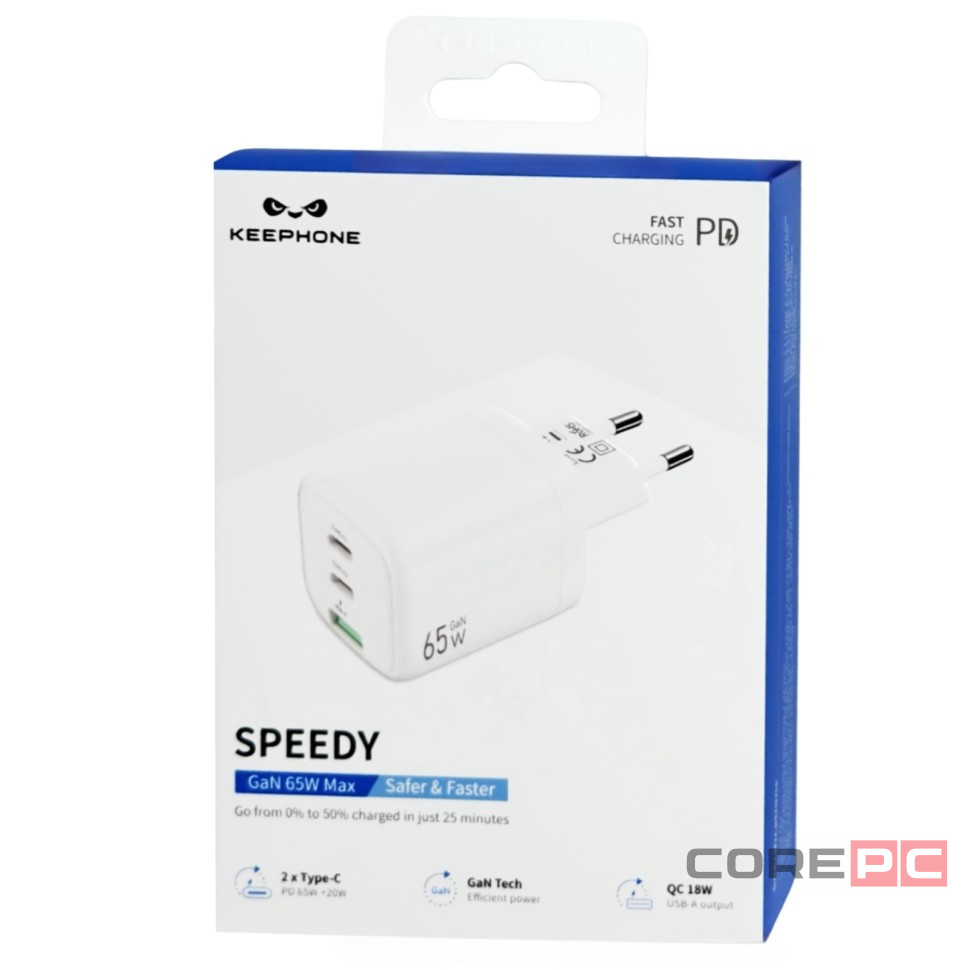 Сетевое зар. устр. Keephone Speedy 1USB+2C Gan 65W белое