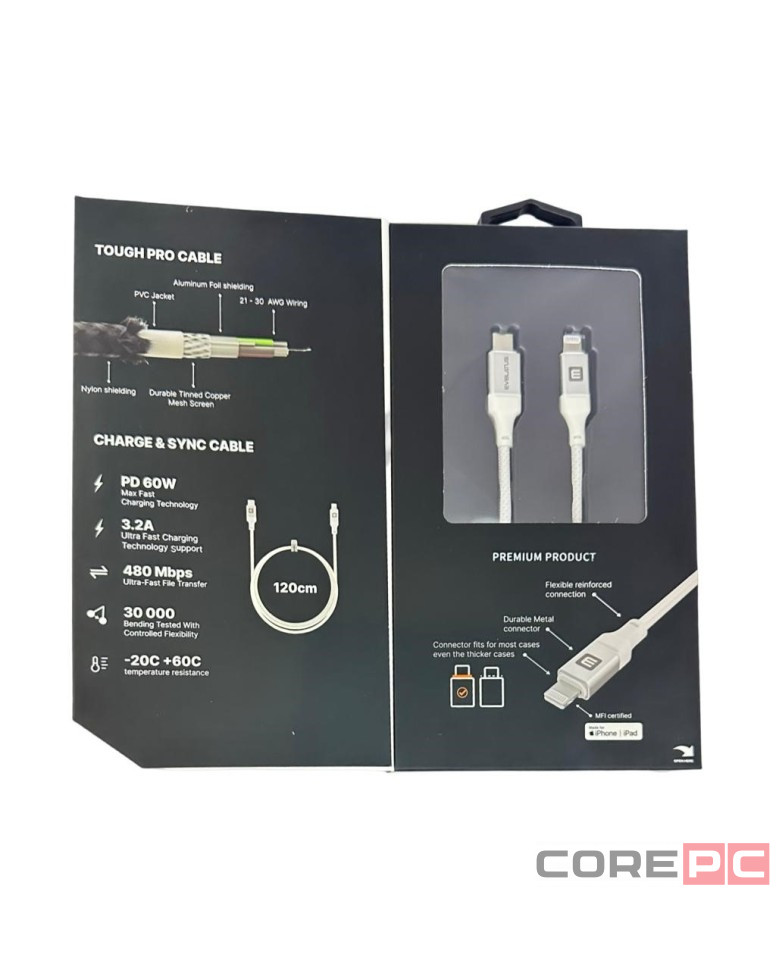 Usb Кабель-зарядка Type-C на Lightning Evelatus 60W 1,2м в тканевой оплетке белый