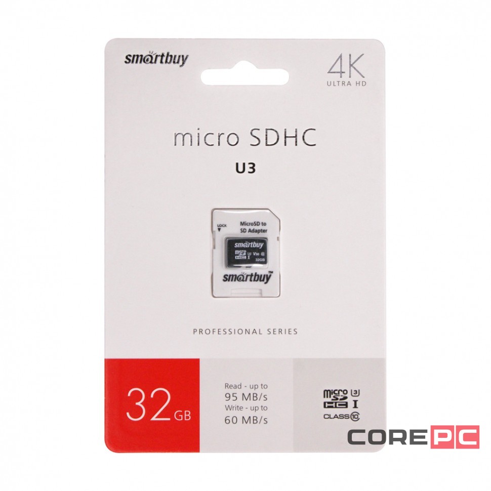 micro SDHC карта памяти Smartbuy 32GB Class 10 PRO UHS-I(U3) R/W:90/80 MB/s (с адаптером SD)