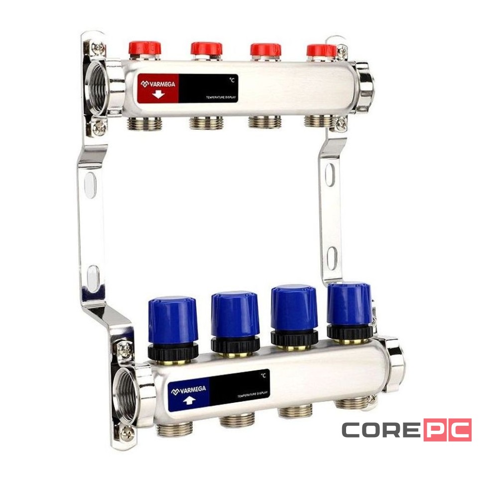 Группа коллекторная для отопления VARMEGA VM15504 ВР 1quot;, на 4 контура 3/4quot; EK, нерж. сталь