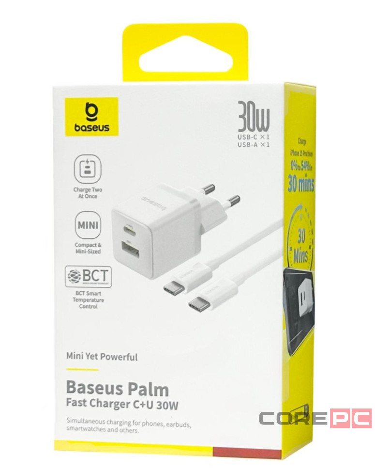 Сетевое зар. устр. Baseus Palm Fast Charger 1USB/1C 30W кабель T-C на T-C (P1011160A213-01) белое