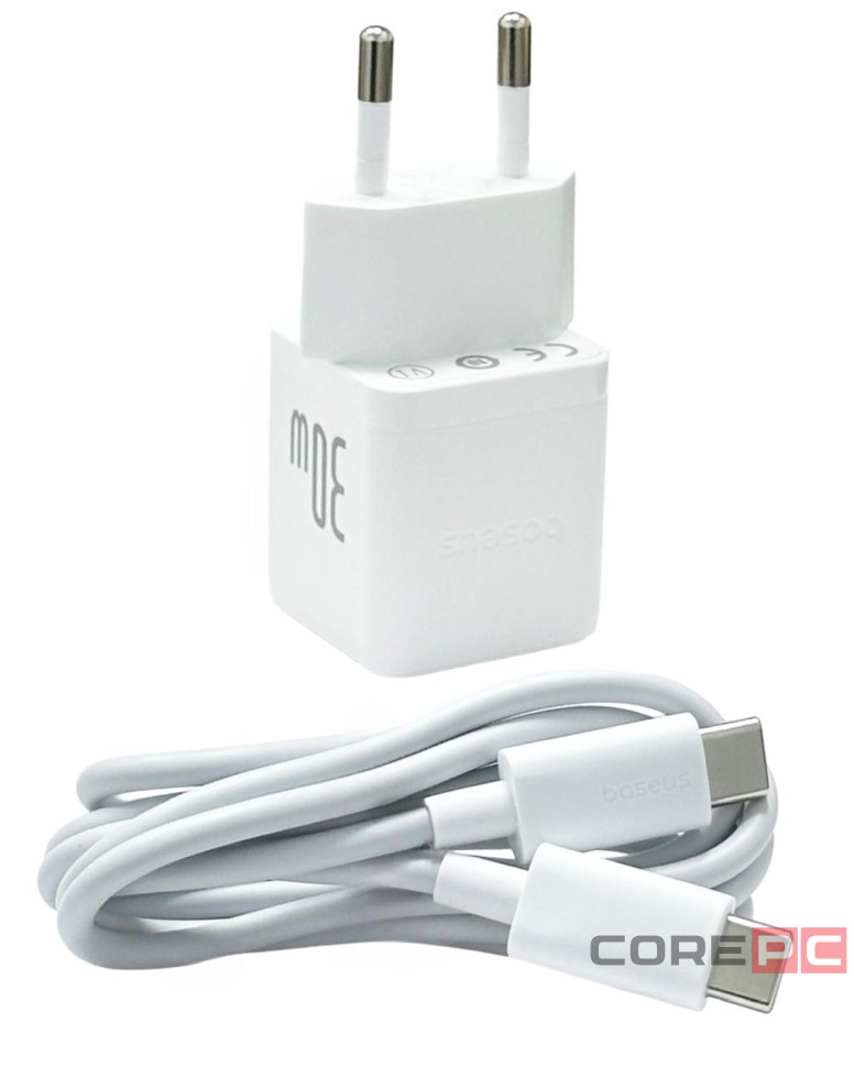 Сетевое зар. устр. Baseus Palm Fast Charger 1USB/1C 30W кабель T-C на T-C (P1011160A213-01) белое