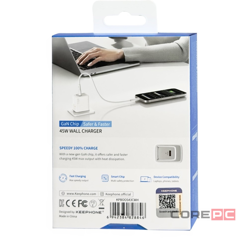 Сетевое зар. устр. Keephone Booster 1C Gan 45W белое