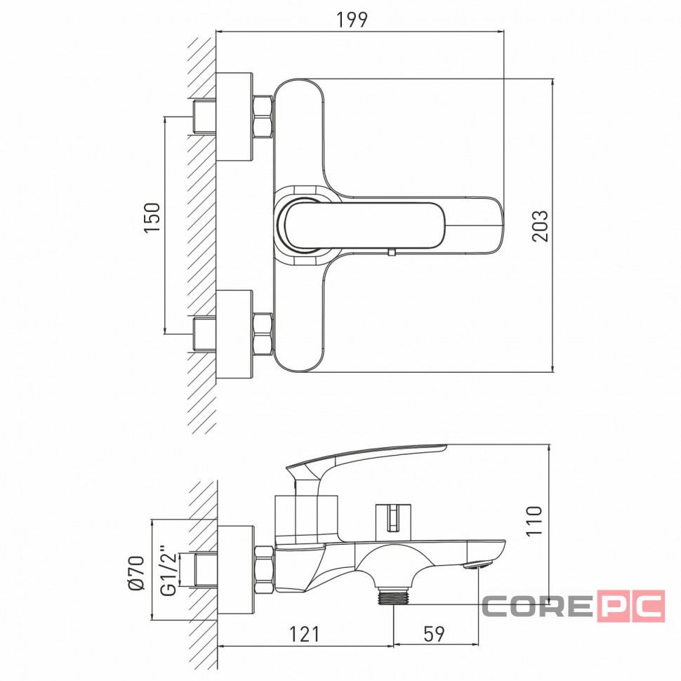 Смеситель для ванны MIXLINE МЛ21-01/ML21-01, рычажное управление, цвет хром