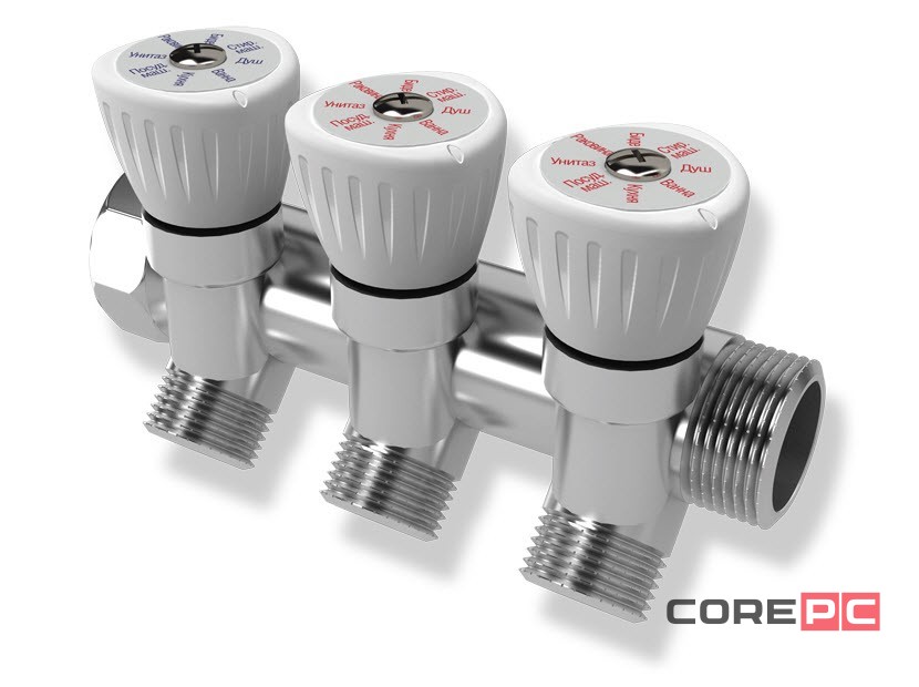 Коллектор с регулировочными вентилями 3/4quot;x1/2quot;, 3 выхода