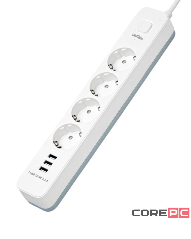Perfeo сетевой фильтр POWER STREAM, 2500W, 2,0м, 4 розетки, 3 USB, белый.