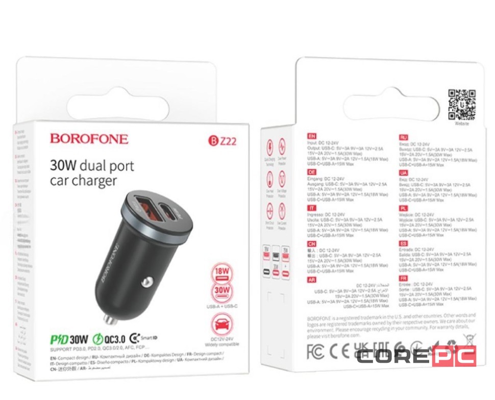 Автомобильное заряд. устр. Borofone BZ22 1USB/1C 30W черное