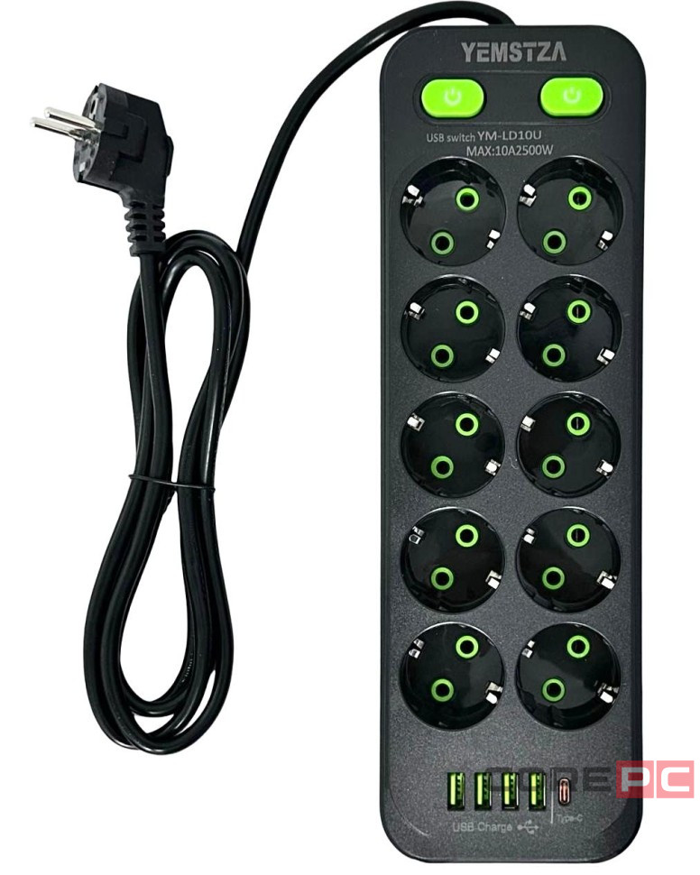 Сетевой фильтр Yemstza 2500W-10A(Max) 10 розеток+4USB+1USB-C 2м. черный