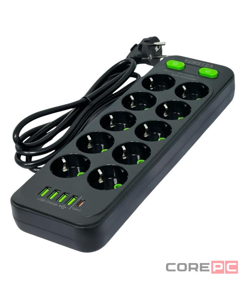 Сетевой фильтр Yemstza 2500W-10A(Max) 10 розеток+4USB+1USB-C 2м. черный