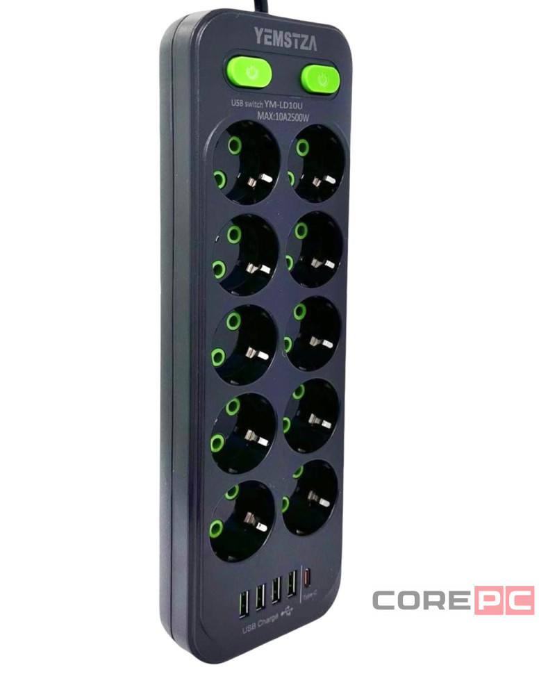 Сетевой фильтр Yemstza 2500W-10A(Max) 10 розеток+4USB+1USB-C 2м. черный