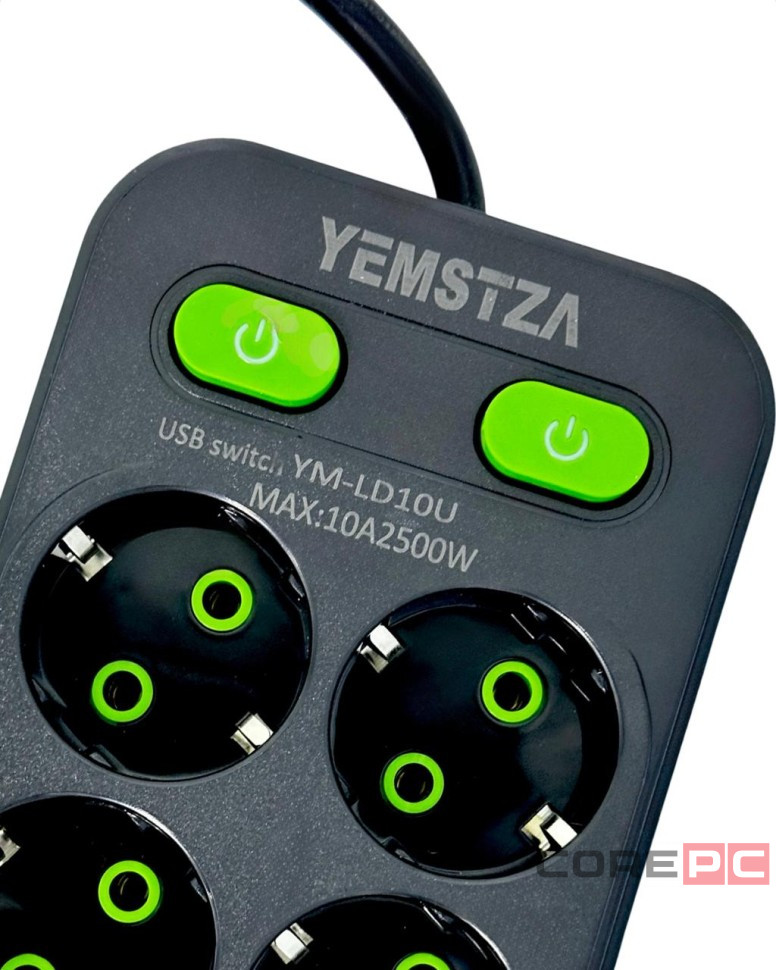 Сетевой фильтр Yemstza 2500W-10A(Max) 10 розеток+4USB+1USB-C 2м. черный