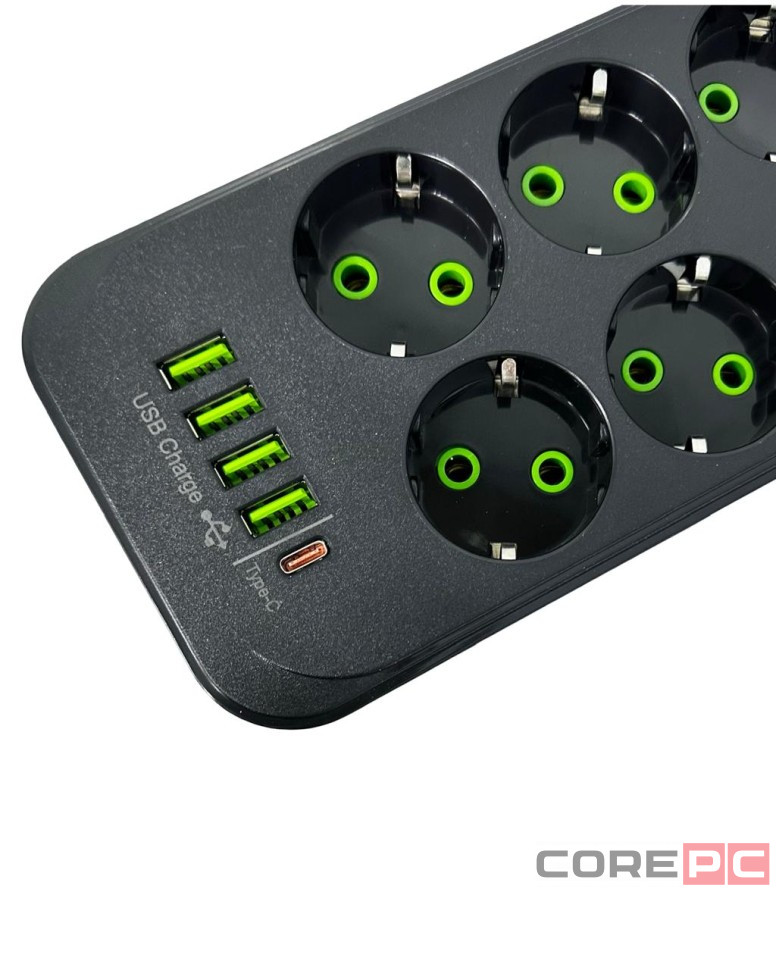 Сетевой фильтр Yemstza 2500W-10A(Max) 10 розеток+4USB+1USB-C 2м. черный