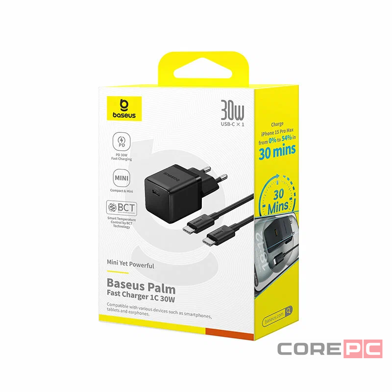 Сетевое зар. устр. Baseus Palm Fast Charger 1C 30W кабель Type-C на Type-C (P10111605113-01) черное