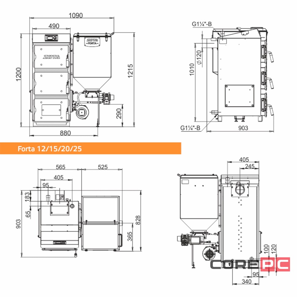 Котел угольный ZOTA Forta 12 кВт (DM) с автоматической подачей топлива (котёл + бункер c мех.под.)