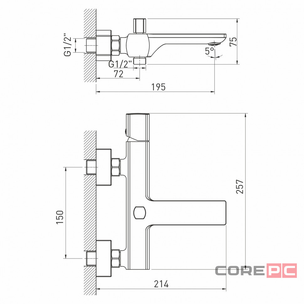 Смеситель для ванны MIXLINE МЛ27-01/ML27-01, рычажное управление, цвет хром