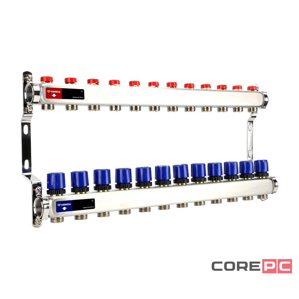 Группа коллекторная для отопления VARMEGA VM15512 ВР 1quot;, на 12 контуров 3/4quot; EK, нерж. сталь
