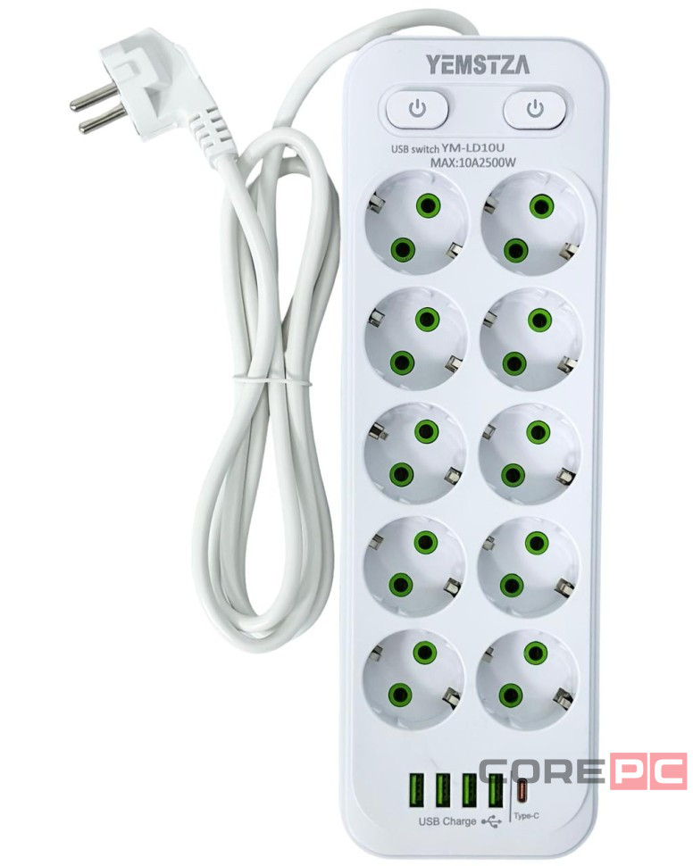 Сетевой фильтр Yemstza 2500W-10A(Max) 10 розеток+4USB+1USB-C 2м. белый