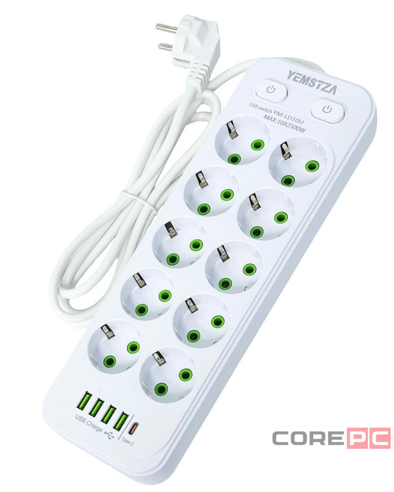 Сетевой фильтр Yemstza 2500W-10A(Max) 10 розеток+4USB+1USB-C 2м. белый