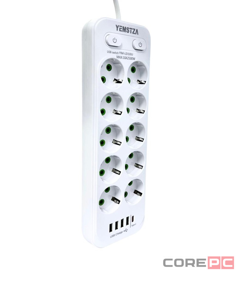 Сетевой фильтр Yemstza 2500W-10A(Max) 10 розеток+4USB+1USB-C 2м. белый