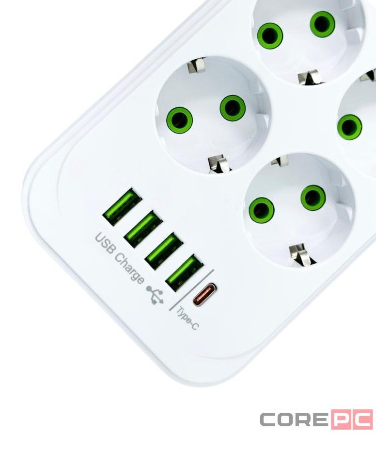 Сетевой фильтр Yemstza 2500W-10A(Max) 10 розеток+4USB+1USB-C 2м. белый