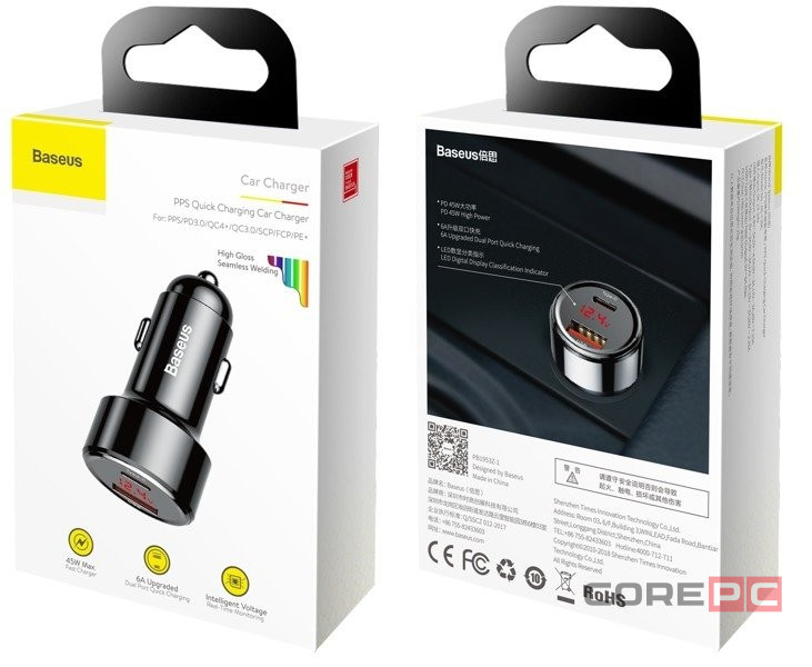 Автомобильное заряд. устр. Baseus 1USB/1C 45W (CCMLC20C-01) черный перламутр