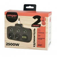 Amper сетевой удлинитель, 0,2м, 2 розетки, 3*0,75мм, 10А, 2500 Вт, 3usb, 1Type-C, 3кн, черный