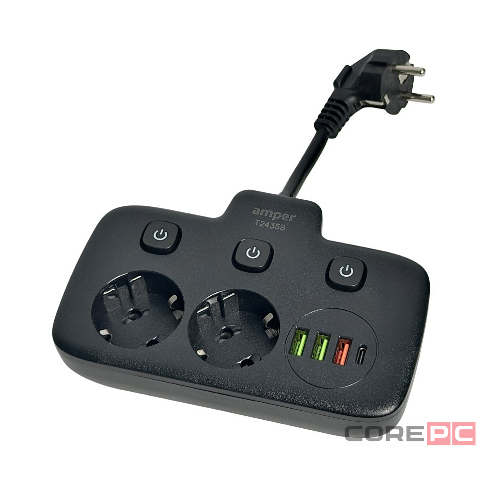 Amper сетевой удлинитель, 0,2м, 2 розетки, 3*0,75мм, 10А, 2500 Вт, 3usb, 1Type-C, 3кн, черный