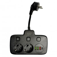 Amper сетевой удлинитель, 0,2м, 2 розетки, 3*0,75мм, 10А, 2500 Вт, 3usb, 1Type-C, 3кн, черный