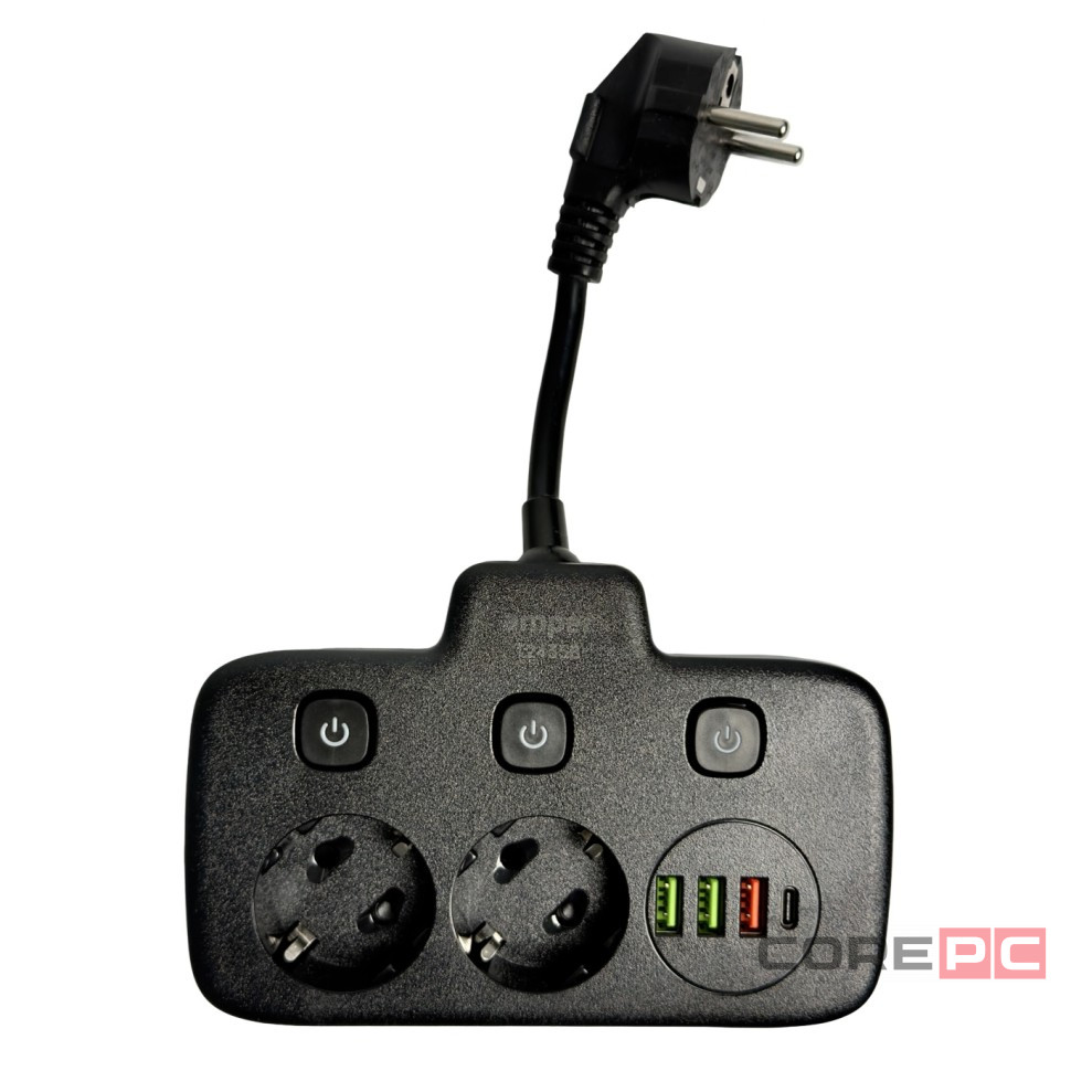 Amper сетевой удлинитель, 0,2м, 2 розетки, 3*0,75мм, 10А, 2500 Вт, 3usb, 1Type-C, 3кн, черный