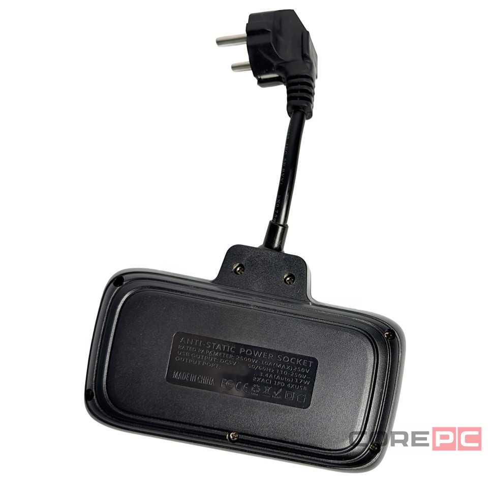 Amper сетевой удлинитель, 0,2м, 2 розетки, 3*0,75мм, 10А, 2500 Вт, 3usb, 1Type-C, 3кн, черный