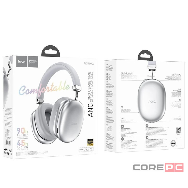 Стереонаушники Bluetooth полноразмерные Hoco W35 Max ANC BT5.3/45ч серебристые