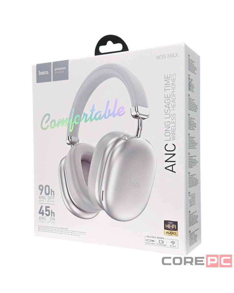 Стереонаушники Bluetooth полноразмерные Hoco W35 Max ANC BT5.3/45ч серебристые