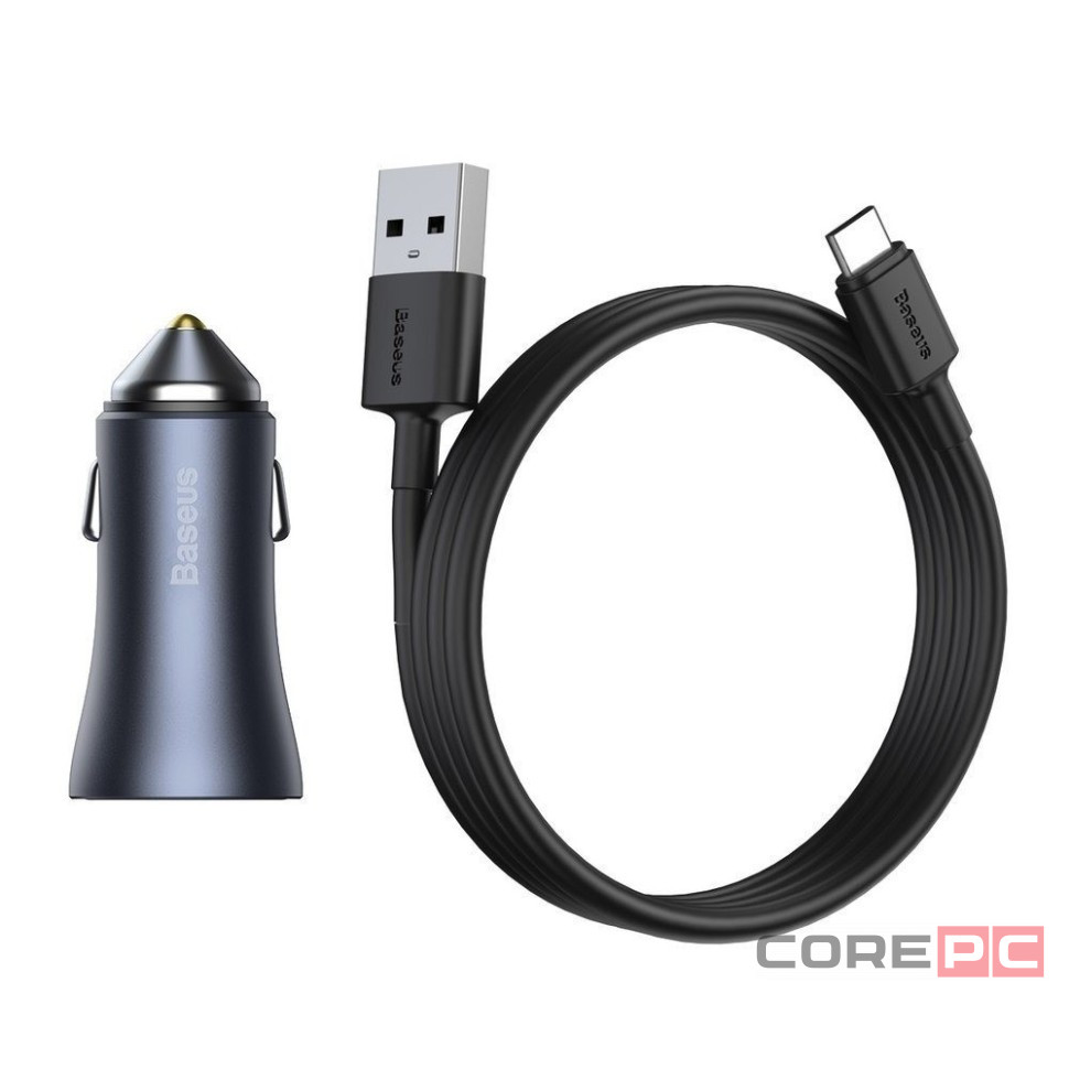 Автомобильное заряд. устр. Baseus Golden Contactor 1USB/1C с каб. Type-C (TZCCJD-0G) серое