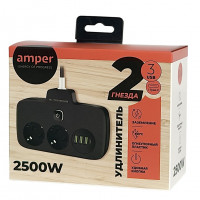 Amper сетевой удлинитель, 0,2м, 2 розетки, 3*0,75мм, 10А, 2500 Вт, 3usb, 1Type-C, 1кн, черный