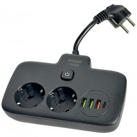 Amper сетевой удлинитель, 0,2м, 2 розетки, 3*0,75мм, 10А, 2500 Вт, 3usb, 1Type-C, 1кн, черный