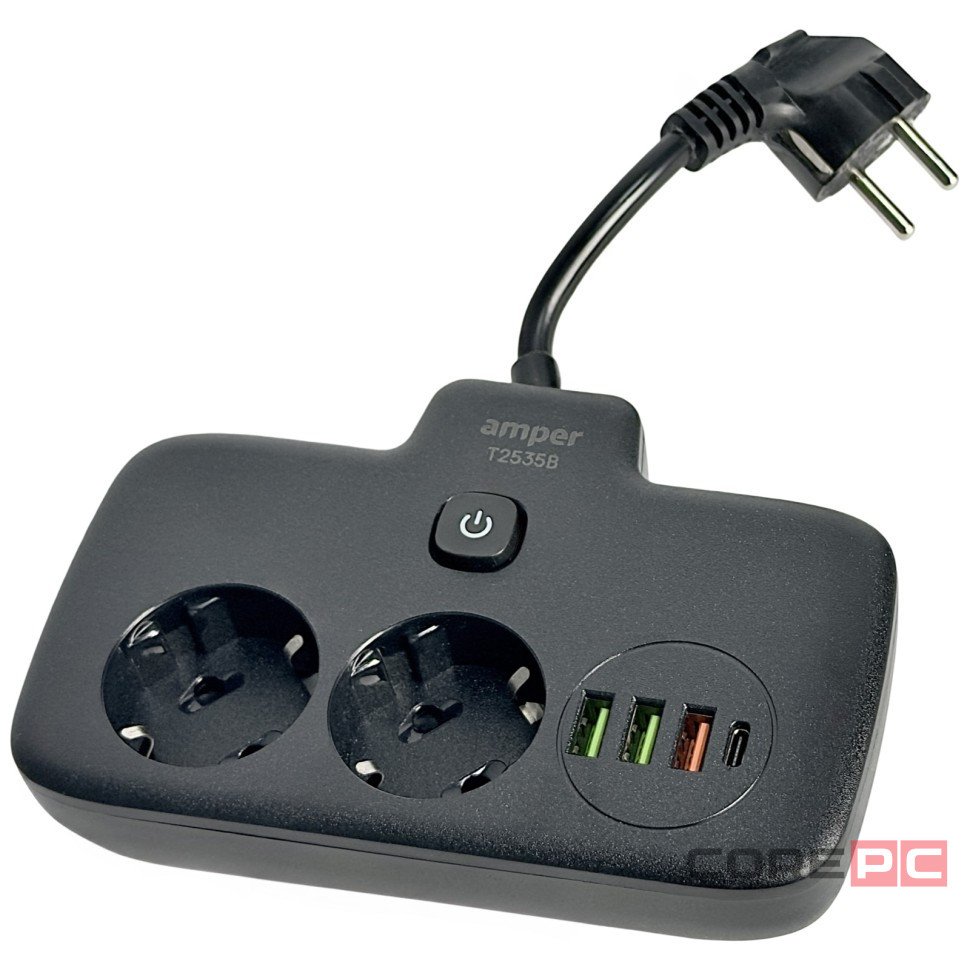 Amper сетевой удлинитель, 0,2м, 2 розетки, 3*0,75мм, 10А, 2500 Вт, 3usb, 1Type-C, 1кн, черный