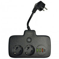 Amper сетевой удлинитель, 0,2м, 2 розетки, 3*0,75мм, 10А, 2500 Вт, 3usb, 1Type-C, 1кн, черный