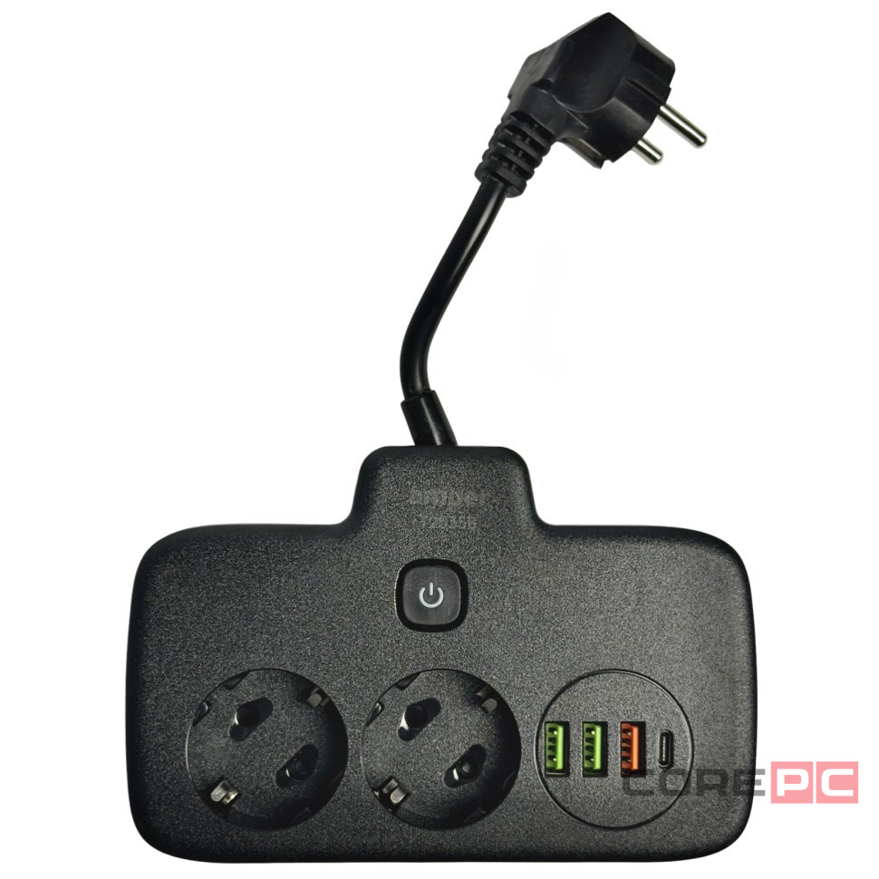 Amper сетевой удлинитель, 0,2м, 2 розетки, 3*0,75мм, 10А, 2500 Вт, 3usb, 1Type-C, 1кн, черный