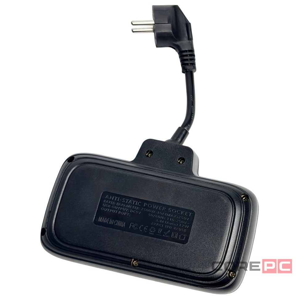 Amper сетевой удлинитель, 0,2м, 2 розетки, 3*0,75мм, 10А, 2500 Вт, 3usb, 1Type-C, 1кн, черный
