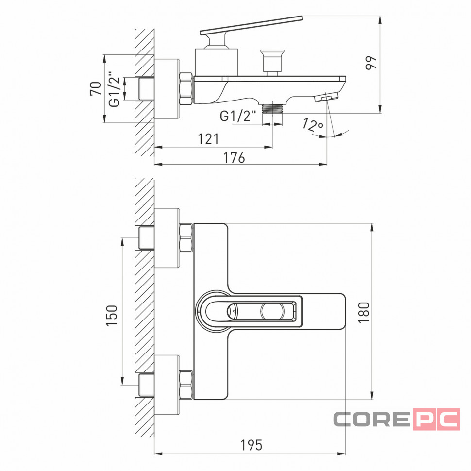 Смеситель для ванны MIXLINE МЛ28-01/ML28-01, рычажное управление, цвет хром