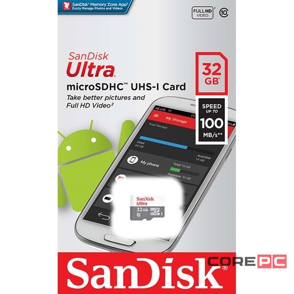 micro SDHC карта памяти SanDisk 32GB Class 10 U1 Ultra 100MB/s без адапт. (SDSQUNR-032G-GN3MN)