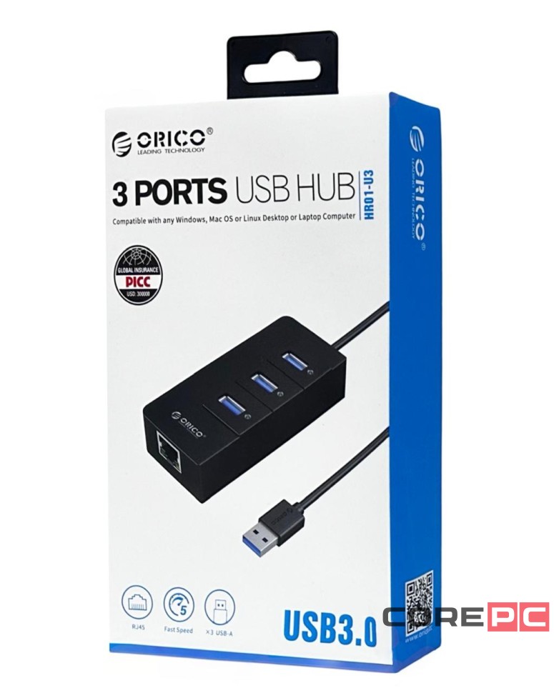 USB-хаб Orico HR01 3xUSB3.0/RJ45 черный