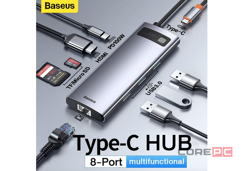 USB-C хаб Baseus Metal Gleam 8в1 3USB/HDMI/USB-C/MicroSD/TF/RJ45 (CAHUB-CV0G) серый