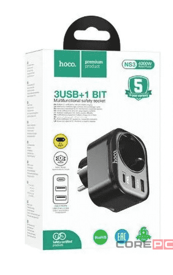 Сетевой фильтр HOCO NS3 1 розетка + 3 USB 16A черный