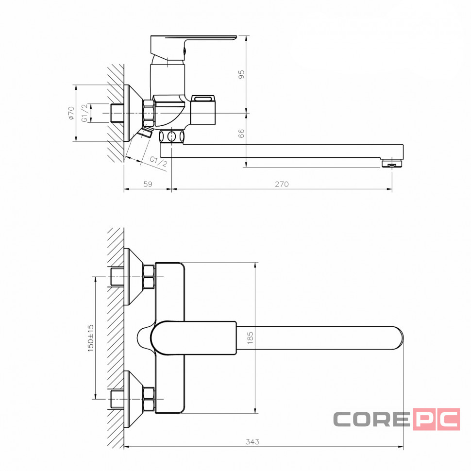 Смеситель для ванны и раковины MIXLINE МЛ33-02Г, рычажное управление, цвет графит