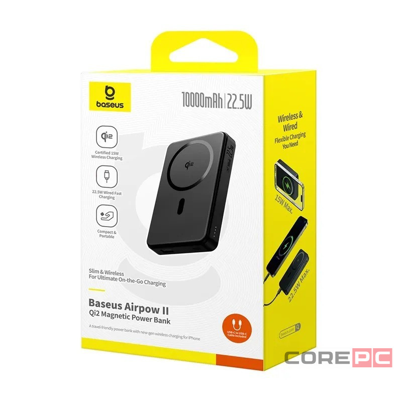 Powerbank с беспроводной зарядкой Baseus Airpow II Qi2 10000mAh 22.5W P10080000123-00 черный