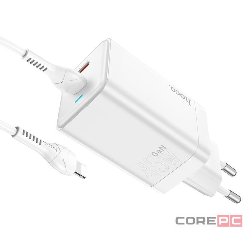 Сетевое зар. устр. Hoco N23 GaN с шнуром Type-C на Lightning 2C 45W белое