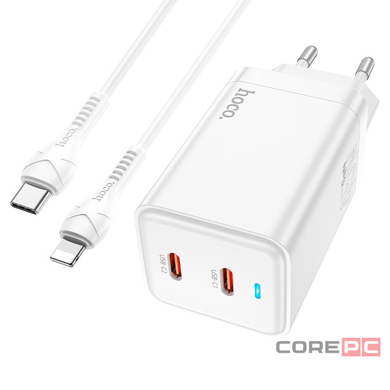 Сетевое зар. устр. Hoco N23 GaN с шнуром Type-C на Lightning 2C 45W белое