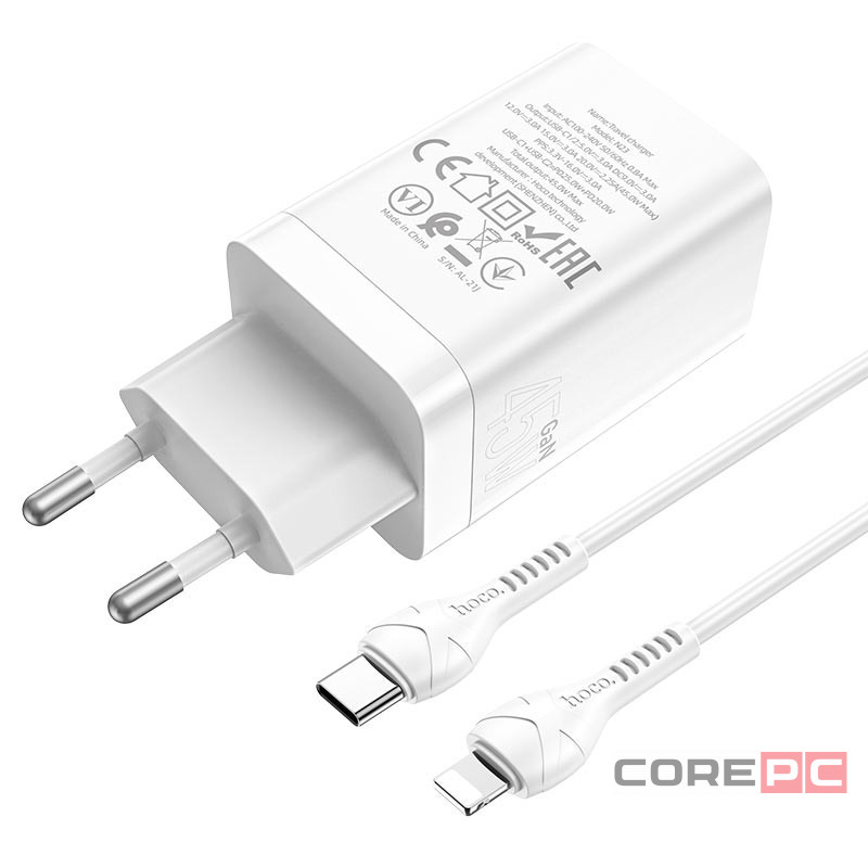 Сетевое зар. устр. Hoco N23 GaN с шнуром Type-C на Lightning 2C 45W белое